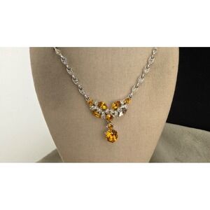 Vintage Bogoff Rhinestone Necklace Orange Silver Tone 16" READ